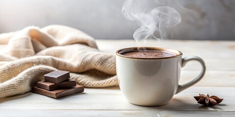 A steaming mug of hot chocolate sits on a wooden surface, next to a cozy knit throw and a stack of dark chocolate squares, promising warmth and comfort