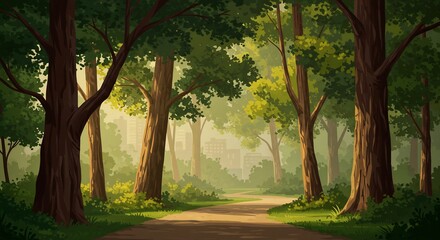 Walking Path Through Forest with Sunlight and City in Background
