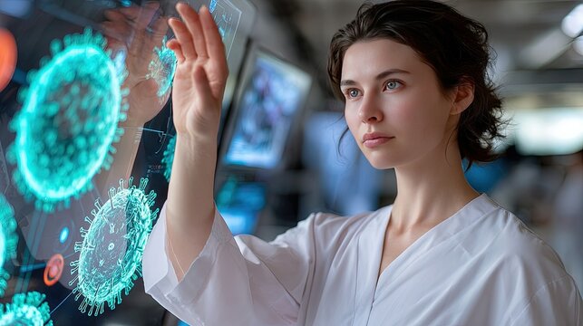 A Young Scientist Analyzes Viral Structures on a Futuristic Interface She Studies Microscopic Organisms and Their Effects