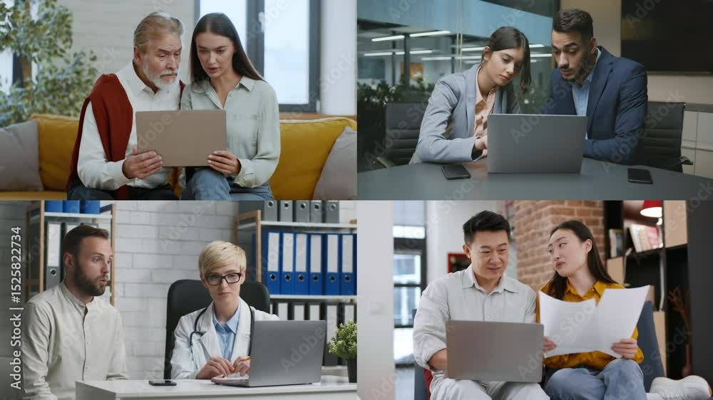 Aufkleber Groups of diverse individuals work together in a modern setting, engaging with laptops while discussing ideas and sharing knowledge. The atmosphere promotes teamwork and innovation.