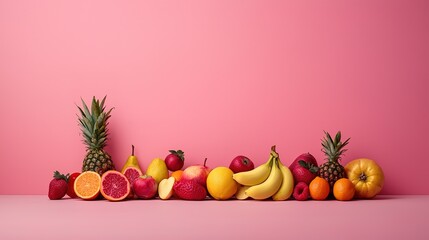 A colorful assortment of fresh fruits including pineapples, bananas, and citrus arranged against a pink background.