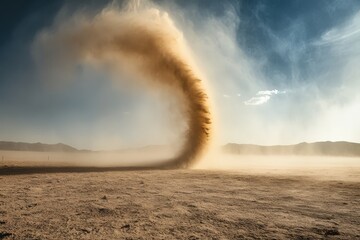 A swirling vortex of desert dust against a vast landscape.