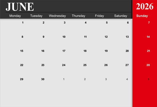 2026 year calendar. month, The week start on monday. EPS file vector.
