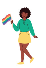Image of smiling woman holding lgbt flag. Pride month celebration. Flat vector illustration.