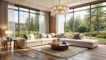 Fototapeta premium Serene Living Room Design Featuring a Sectional Sofa, Large Windows, and Wooden Accents