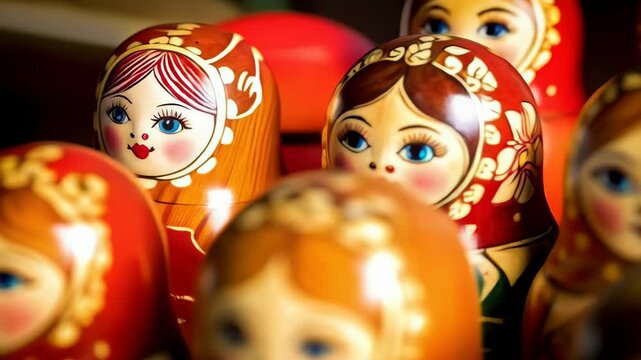 Close-up of hand-painted nesting dolls, vibrant colors, floral motifs, wooden surface, traditional craft, decorative objects, and cultural symbols