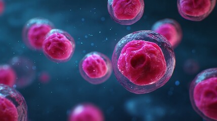 Microscopic View of Pink Cells in a Transparent Membrane, Floating in a Dark Blue Liquid