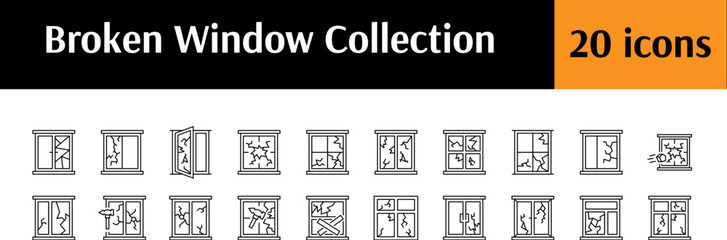 Pack of Broken Window Related Line Icons. Outline Signs for Graphic and Web Design, Apps, Adverts, Various Cards