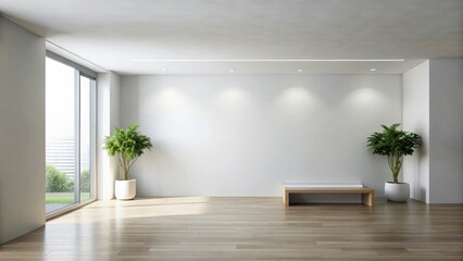 Modern Minimalist Room Interior Design with Sunlight Streaming Through Large Window and Wooden Bench