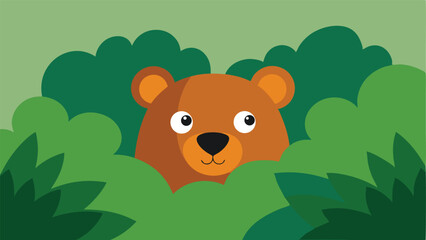 Cartoon bear hiding in green bushes adorable forest scene illustration