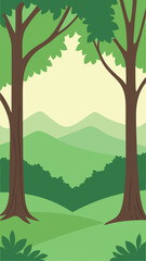 Obraz premium Cartoon forest landscape with trees mountains and greenery on a white background