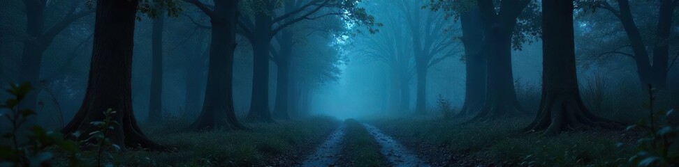 A spooky forest path at night, shrouded in mist, with ominous shadows hinting at unseen creatures lurking nearby Perfect for Halloween, horror, fantasy, and monster themes , fear, creepy