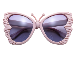 Close up of pink butterfly shaped sunglasses with dark lens.