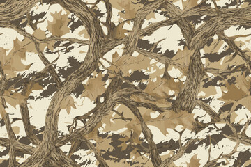 Real tree forest camouflage seamless pattern design for hunting and military uniforms. Hunting camouflage background texture