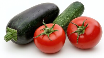 Fresh eggplant, zucchini, and two tomatoes arranged on a white background.
