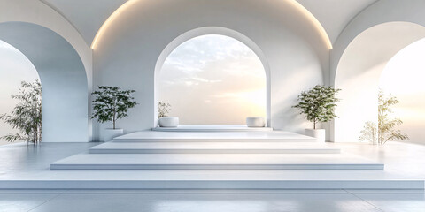 Fototapeta premium Peaceful minimalist architecture. White arches, steps, plants, and a tranquil sunset view.