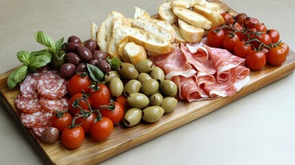 Italian antipasto platter with salami, prosciutto, olives, cherry tomatoes, basil, and toasted bread on wooden board.