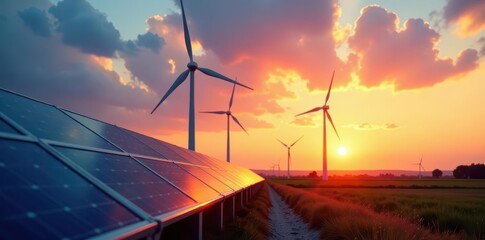 Abstract graphic of wind turbines & solar panels against sunset, nature, energy production