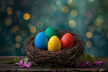 Colorful Easter Eggs in a Bird's Nest, Springtime Festive Decoration