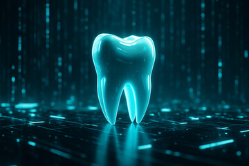 AI generated glowing 3D tooth with smooth reflective surface floating in a sci fi digital environment featuring circuitlike floor and streaming code lines representing advanced dental technology