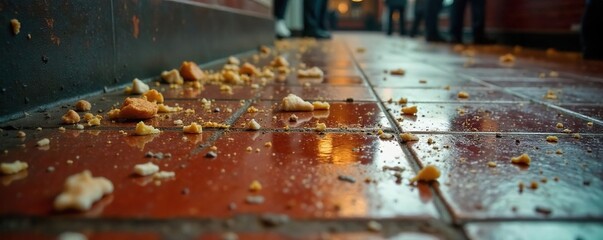 Close-up of a dirty restaurant floor with scattered crumbs, spilled drinks, and debris, highlighting the unseen challenges of waitstaff , mess, neglect