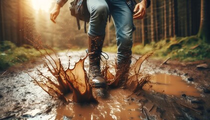 Hiker accidentally stepping into muddy puddle during nature walk, splash captured mid-air.