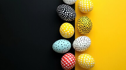 Colorful polka dot patterned eggs arranged vertically on a split black and yellow background