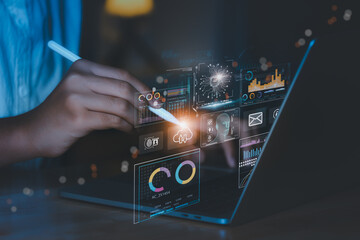 business analyst using AI technology, cybersecurity tools, biometric facial recognition, and fintech analytics dashboard to enhance data security, system performance, and financial insight reports.