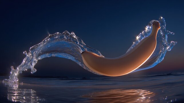 A banana in mid-air, water splashes