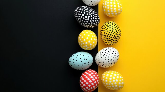 Colorful polka dot patterned eggs arranged vertically on a split black and yellow background