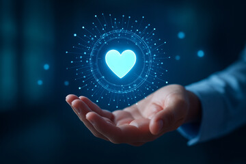 AI generated image showing a glowing heart icon hovering above a hand, symbolizing digital health, care, and futuristic medical technology in a calm, secure tone.