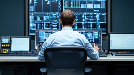 A man sits at a control desk, monitoring multiple computer screens displaying data and system information in a high-tech operations center.