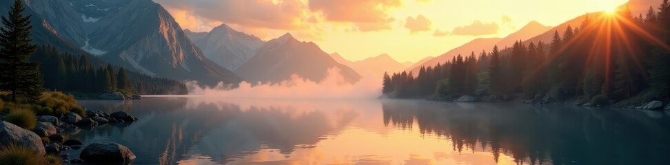 Misty mountain lake, sunrise paints peaks gold, dawn, light