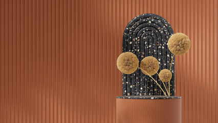3d render blank space terrazzo texture curved cylinder podium in landscape arch and glass wall