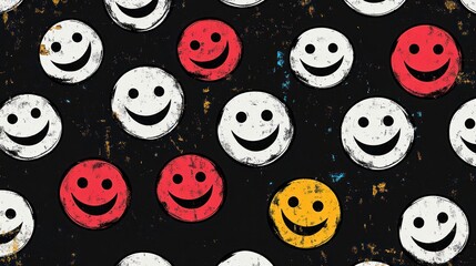Fototapeta premium Pattern of distressed smiling faces in white, red, and yellow colors on a dark background creating a cheerful and vintage look