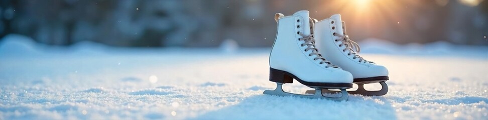 A pair of classic ice skates rests on a snowy, frosty surface, ready for winter fun The scene evokes a sense of cold, crisp winter air and the excitement of skating , ice, blades, cold air