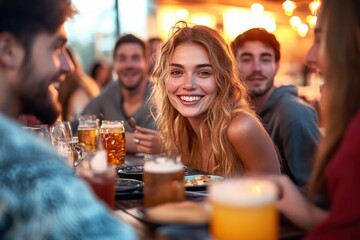 Group of young adults enjoying drinks and food together at a lively outdoor social gathering with warm lighting and smiling faces
