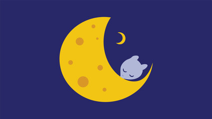 Naklejka premium Cute cartoon illustration of a sleeping mouse snuggling within a cheesy moon silhouette