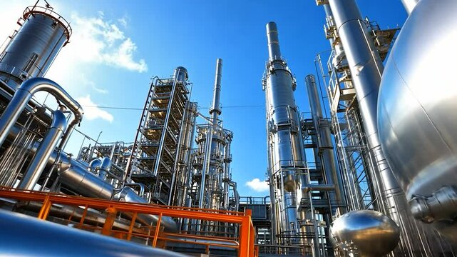 Industrial plant complex with pipes and reactors under blue sky for manufacturing and production