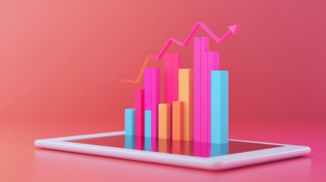 Colorful 3D bar and line graph rising from a digital tablet, symbolizing business growth, analytics, and technology on a pink background.