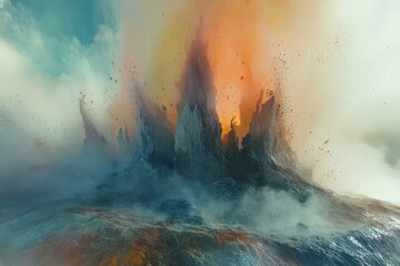 Explosive geothermal vent, vibrant colors, and textured landscape.