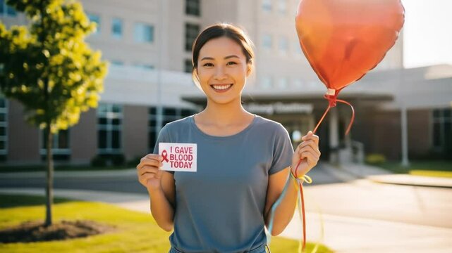 4K Footage of a smiling young woman proudly holds a red heart-shaped balloon and a sticker, standing in front of a modern blood donation center