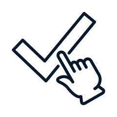 Hand, finger, tick. Concept of reviews, positive choice. Vector linear icon isolated on white background.