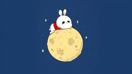 A cute Q-version of a white rabbit is sleeping on the surface of the huge moon