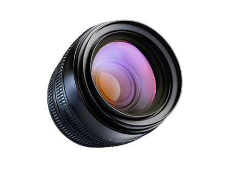 Close-up of a modern camera lens, black metal, vibrant inner lens elements