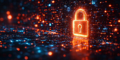 Abstract digital lock glowing in a network. Cybersecurity concept.