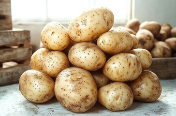 Pile of fresh light brown potatoes with dirt spots stacked on a rustic surface indoors with wooden crates in the background