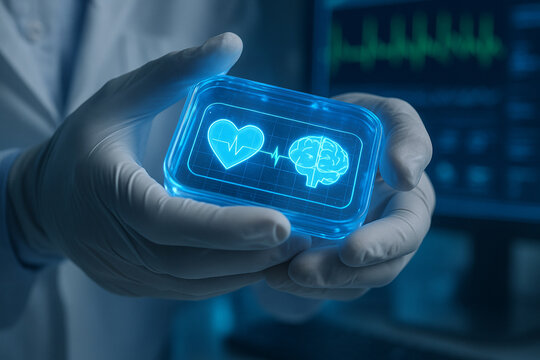 AI generated digital device held by gloved hand showing glowing heart and brain icons with biometric graphs in futuristic medical setting