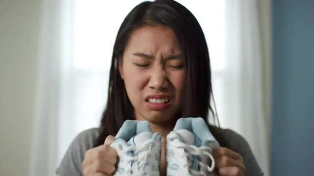Disgusted Asian Woman Holds Dirty White Athletic Shoes Indoors With Wrinkled Nose In Bright Lighting