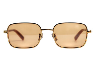 A pair of gold framed sunglasses with light brown lenses.